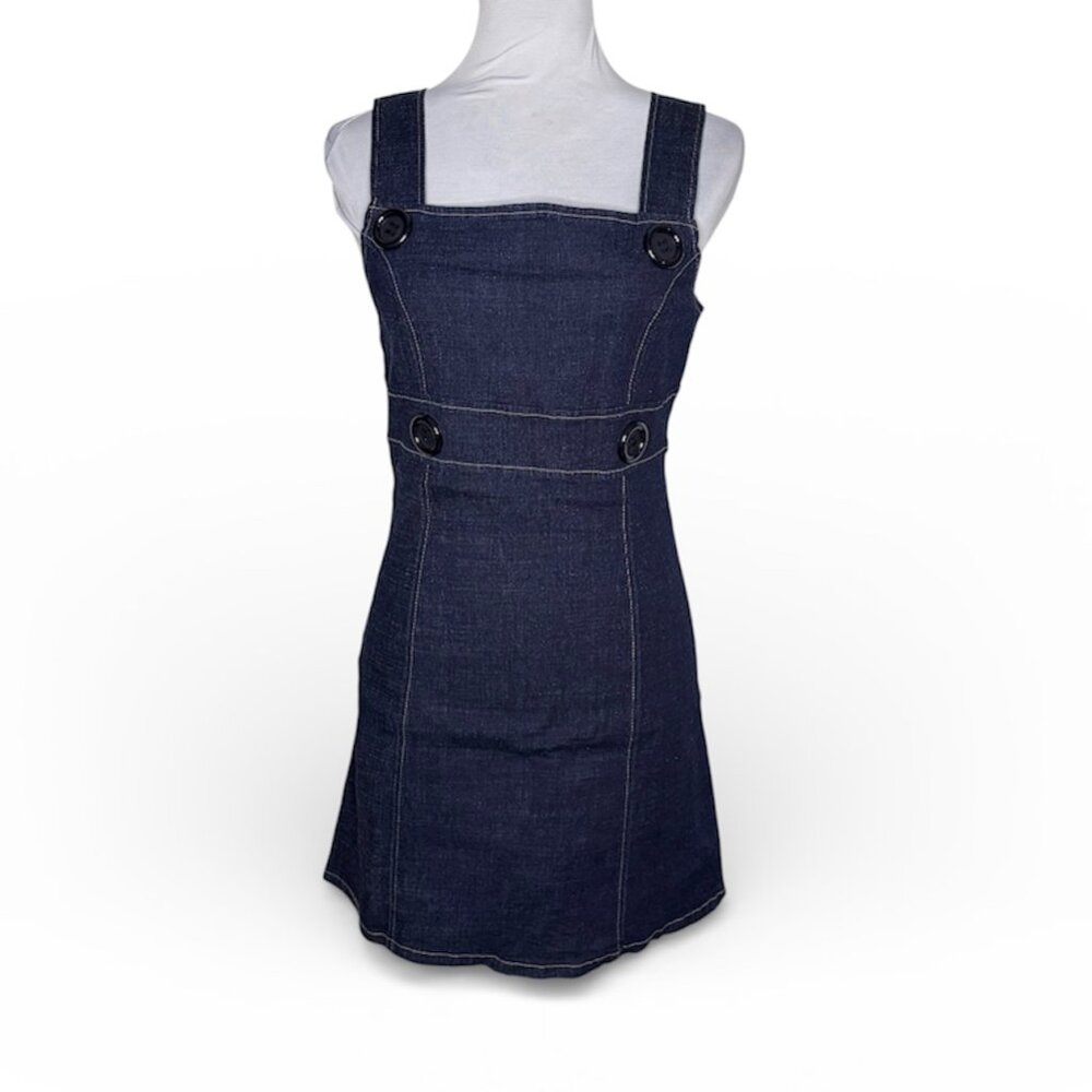 Good Time Dark Wash Denim Jumper Dress Sleeveless Decorative Button Strap Sz L